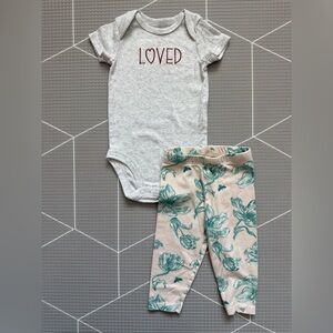 Burt’s Bees|Baby girl short sleeve LOVE bodysuit Onesie w Blue Floral Leggings•